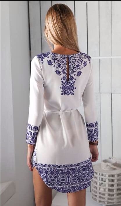 F2423 Blue Long Sleeve With Belt Vintage Print Dress